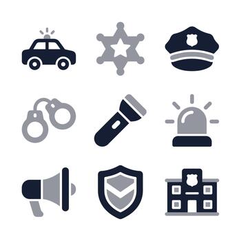Simple Flat Style Law Enforcement and Security Related Object Icon Set vector