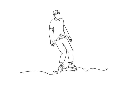 continuo uno línea dibujo joven hombre equilibrio en un de dos ruedas aerotabla, propensión adelante para velocidad. energético y casual micromovilidad tendencia. soltero línea dibujar diseño gráfico ilustración vector