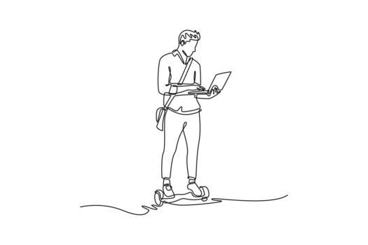 continuo uno línea dibujo hombre en negocio atuendo montando hoverboard mientras utilizando ordenador portátil. representa multitarea tecnología para eficiencia en el mover. soltero línea dibujar diseño gráfico ilustración vector