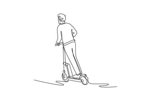 soltero uno línea dibujo hombre desde detrás, montando eléctrico scooter. movimienot, velocidad de micro movilidad para eficiente, rápido, último milla urbano viajar. continuo línea dibujar diseño gráfico ilustración vector