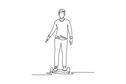 continuo uno línea dibujo joven hombre en casual atuendo en pie en de dos ruedas autoequilibrio hoverboard manos libres micromovilidad urbano movimienot. soltero línea dibujar diseño gráfico ilustración vector
