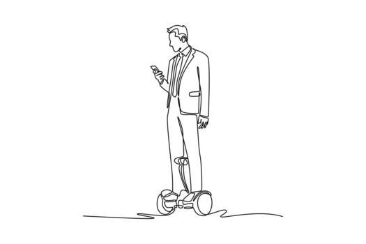 continuo uno línea dibujo joven hombre en negocio traje montando hoverboard mientras comprobación su teléfono inteligente representa eficiente, experto en tecnología profesional. soltero línea dibujar diseño gráfico ilustración vector