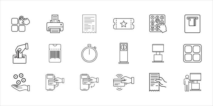 Set of line icons representing various payment, ticketing, and transaction methods, including printing, scanning, cash handling, card payments, and kiosks vector