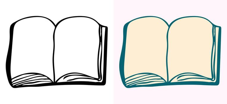 illustration of an open book sketch, including both outline and colored versions with blank pages. Excellent graphic resource for education, learning, literature, and knowledge-based concepts. vector