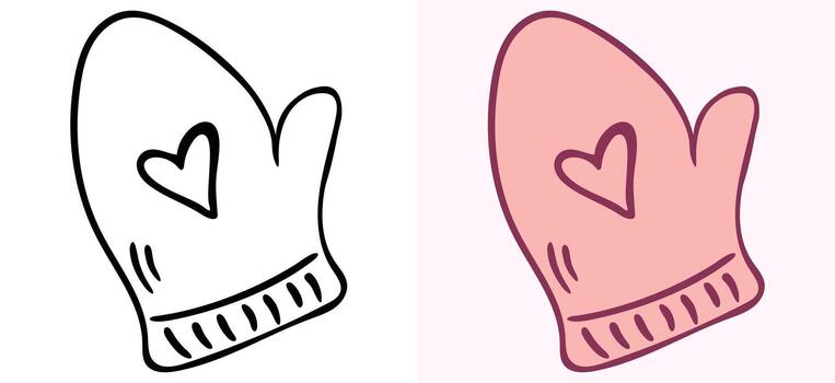 Hand drawn outline and colored illustration set of a single oven mitt featuring a small heart symbol. This sketch includes both versions related to cooking, baking, and kitchen themes vector