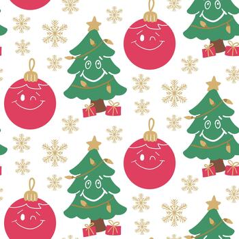 WebHand drawn funny Christmas seamless pattern with smiling tree ornament and snowflake isolated on white background in style. Concept of joyful winter holiday, decoration and Christmas mood vector