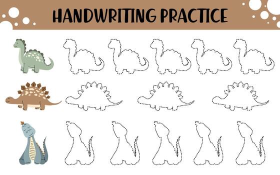Handwriting practice worksheet with cute dinosaur outlines for preschoolers, featuring dotted tracing paths to support early writing and fine motor skill development vector