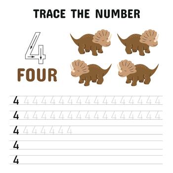 Engaging number tracing worksheet for kids to learn how to write the number 4. vector