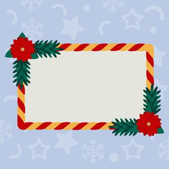 rectangular Navidad marco con rojo y amarillo rayas, decorado con flor de pascua flores y pino sucursales. marco con vacío espacio para festivo texto y diseños vector