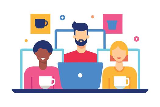 Flat Illustration of Diverse Team Working on Computers Together vector