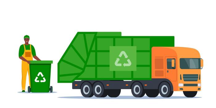 basura camión y saneamiento obrero. basura hombre en uniforme con basura compartimiento y reciclaje símbolo en él. basura clasificación. cero desperdiciar, ambiente proteccion concepto. africano hombre obrero. . vector