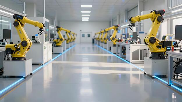 Robots in a factory line with computers and other equipment photo