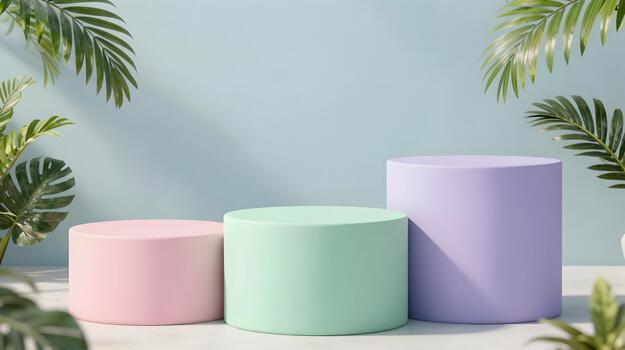 Three colorful round containers with palm trees in the background photo