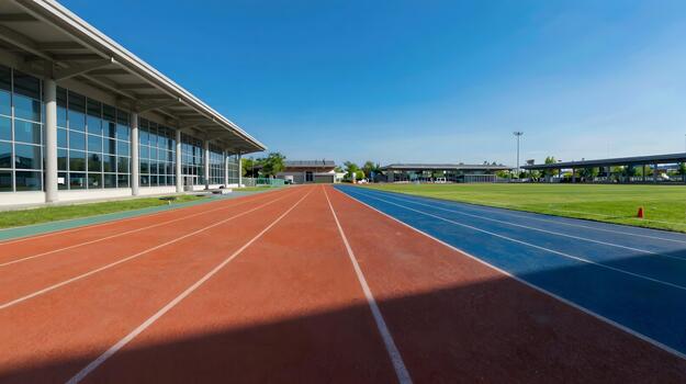 An empty running track in front of a building photo