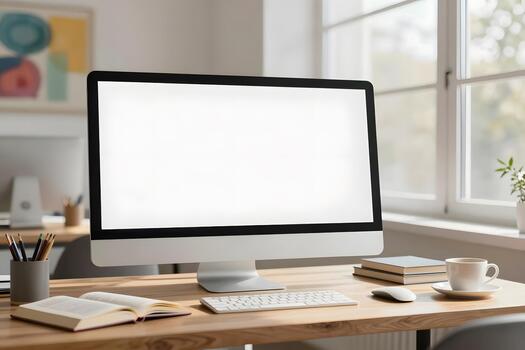 un computadora pantalla en un escritorio en frente de un ventana foto
