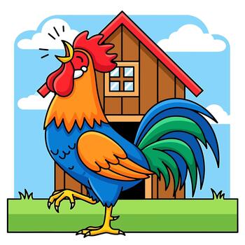 A Roaming Rooster Crowing Loudly with its Tail Feathers Displayed in Front of a Barn on a Sunny Day with Clouds, Capturing the Spirit of a Farm vector