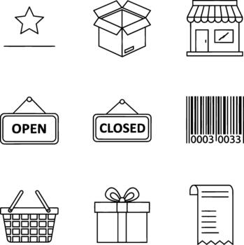 un versátil colección de minimalista línea Arte íconos representando esencial aspectos de minorista, comercio electrónico, y compras ocupaciones para moderno digital diseño proyectos vector