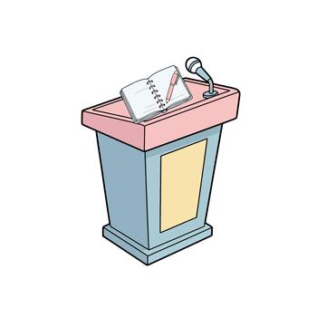 un simple, limpiar ilustración presentando un azul y rosado podio, micrófono, abierto computadora portátil, y bolígrafo, perfectamente representando público Hablando o presentación conceptos vector