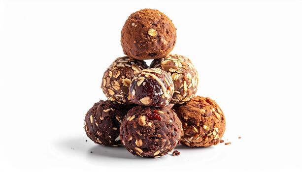A pyramid stack of assorted handmade chocolate truffles with nuts and cocoa powder isolated on a white background. photo
