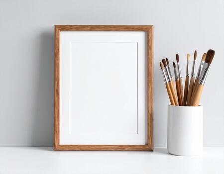 Empty picture frame with paintbrushes empty frame photo