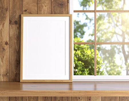 Empty vertical wooden frame mockup on a rustic shelf next to a sunny window with a view of green trees. photo