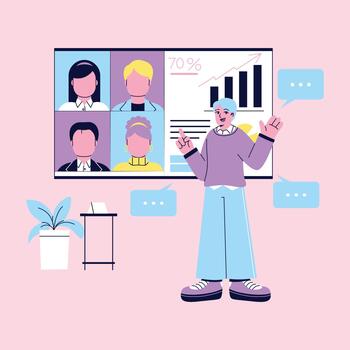 Person presenting data in a virtual meeting vector