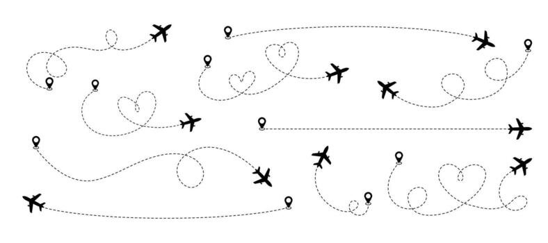 Airplane dotted line paths with location pins illustrating various travel routes and journey concepts vector