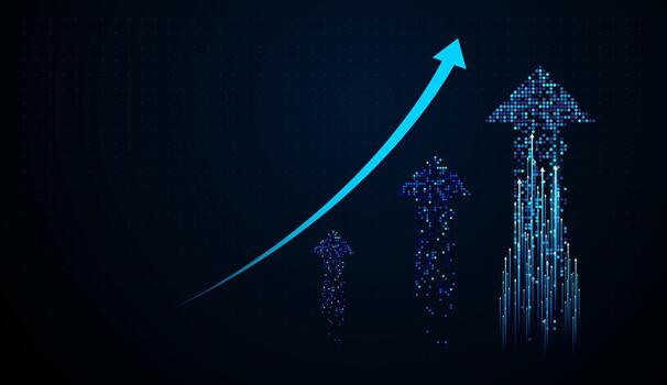 The Vertical light trails transform into a pixel arrow, representing data-driven performance and rising markets. Big digital pixels blue of Arrows Finance concept vector