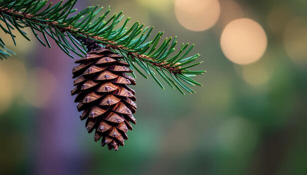 Close-up of a single pine cone hanging from a green pine branch with bokeh lights in the background. photo