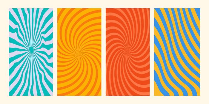 Swirl groovy starburst pattern set with retro spiral backgrounds vector