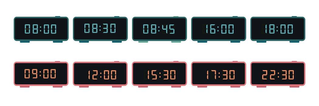 illustration showing different digital clock times in two rows. vector