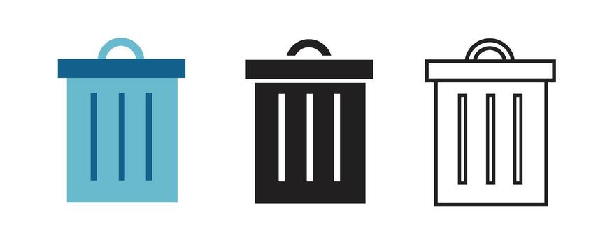 Trash and delete bin icon set in flat, solid, and outline styles. Ideal for business applications, user interface design, data management, file removal, and digital workflow concepts. vector