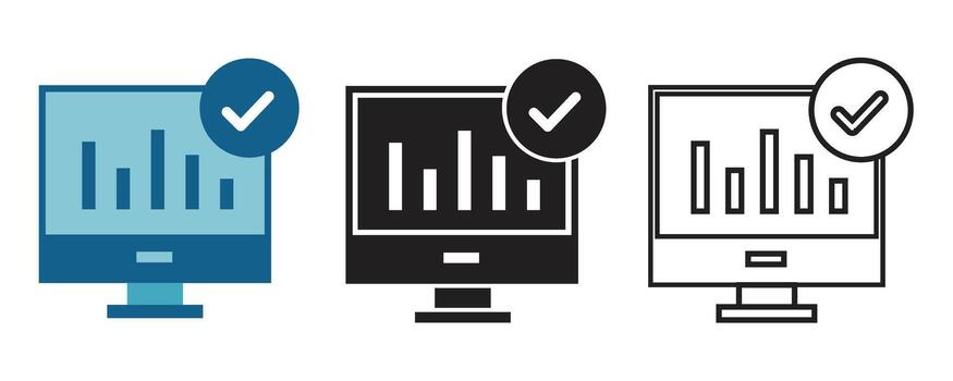 Business analytics dashboard icon set featuring charts and check marks in flat, solid, and outline styles. vector