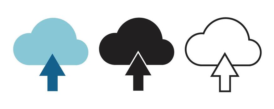 Cloud upload icon set showing data transfer symbols in flat, solid, and outline styles. Perfect for business technology, cloud computing, data storage, backup, and digital services. vector