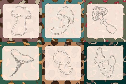 An exercise for developing writing skills. Task for preschoolers to trace mushrooms. vector