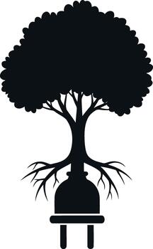 Tree with roots as a plug symbolizing growth and energy vector