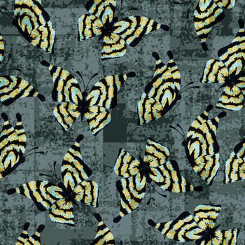 Seamless butterfly pattern with stylized wings on a dark textured background. vector