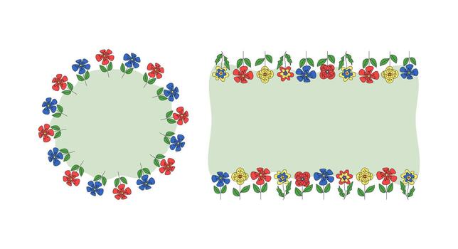 conjunto redondo marco, horizontal marco, borde. resumen brillante flores floral bandera con espacio para texto, vistoso saludo tarjeta, invitación. dibujo, garabatear. vector