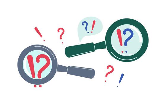 Set question marks, exclamation mark. Magnifying glass. Concepts of problem solving in business, finding an answer to a question. Hand-drawn flat illustration. Isolated background. vector