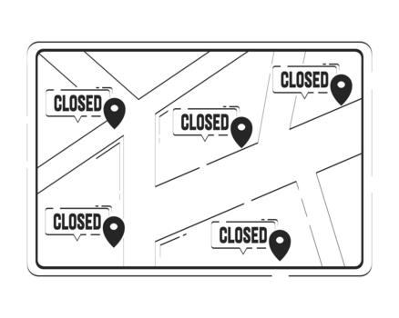 Digital map with multiple closed business locations doodle linear object. Retail closure. Economic shutdowns 2D outline clip art drawing isolated on white. Hand drawn sketch illustration vector