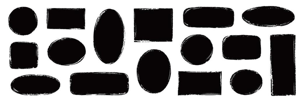 Brush frame rough rectangle, circle, box shape set. Text box frame rough grunge square, oval paint shape element. Hand drawn texture grunge brush rectangle, circle round text border. vector