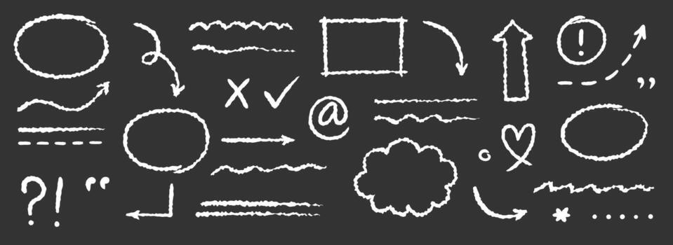 Chalkboard arrow, underlines element set. Hand drawn sketch style arrow, oval and rectangle frame, underline on blackboard. Doodle grunge element set. vector