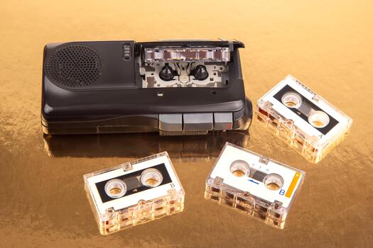 Audio recorder with microcassette. device for working with voice and journalism. analog audio recording. photo