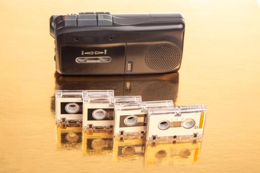 a Audio recorder with microcassette. device for working with voice and journalism. analog audio recording. photo