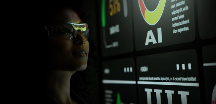 AI Using. Silhouetted analysts interact with a large AI data. AI Display charts graphs and analytics. Business team using futuristic AI interface visuals data. Technology with biz insights and ai data photo