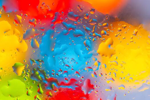 Artistic of colorful water drops in red, yellow, blue, and green, creating a dynamic abstract pattern on a light background. photo