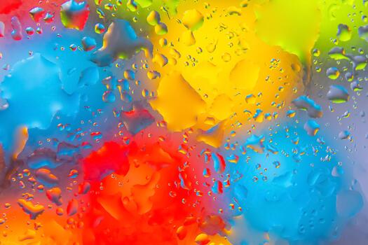 artístico de cerca de vistoso agua gotas en rojo, amarillo, azul, y verde, creando un dinámica resumen modelo en un ligero antecedentes. foto