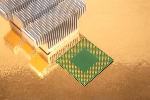 Advanced computer chip and heatsink displayed on a reflective surface in a tech setup photo