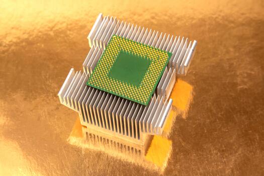 de cerca de un computadora procesador en un disipador de calor con un oro reflexivo fondo foto