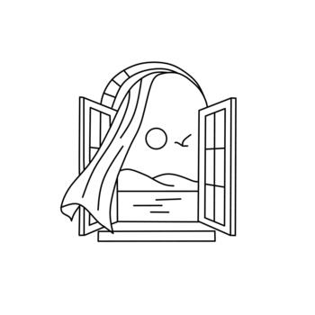 A charming outline drawing of an open window with curtains blowing in the breeze, framing a view of hills, the sea, and a sun in the peaceful sky. vector